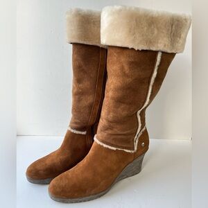 UGG brown Suede shearling Fur-Lined Wedge tall Boots size 12